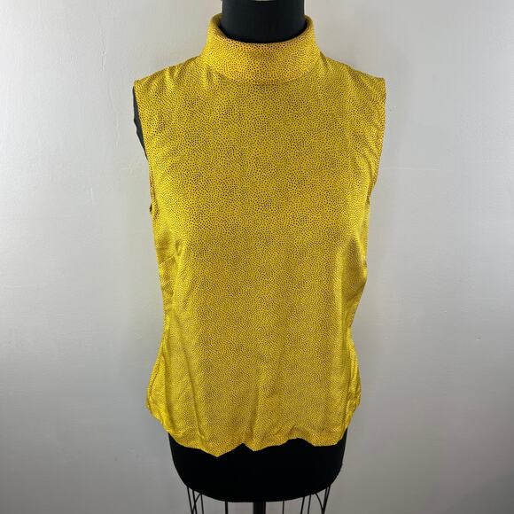 VINTAGE Cathy Hardwick Yellow Black 8 Blouse Polka Dot Silk Collar Back Button - Picture 4 of 7